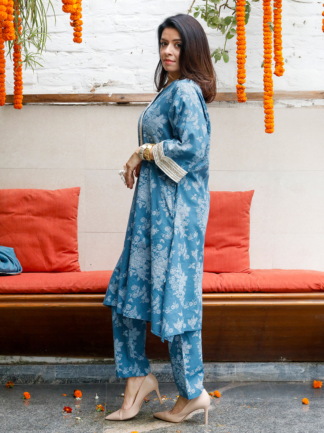 Mishri Blue Khadi Prin Kurta & Pant with Dupatta