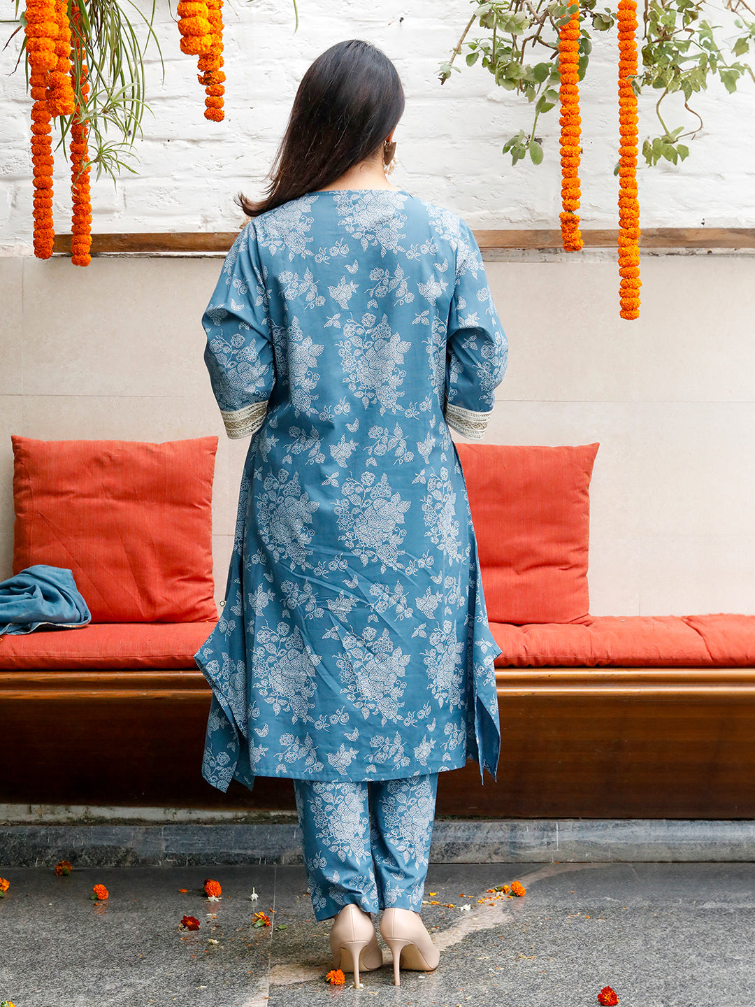 Mishri Blue Khadi Prin Kurta & Pant with Dupatta