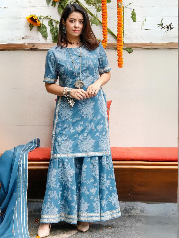 Mishri Blue Print With Gota Details Kurta With Sharara Pant