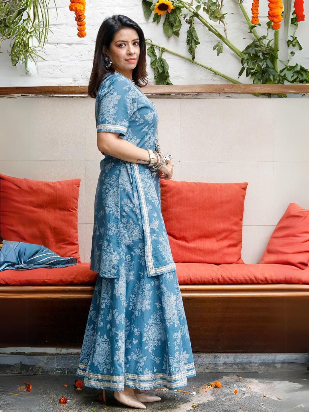 Mishri Blue Print With Gota Details Kurta With Sharara Pant