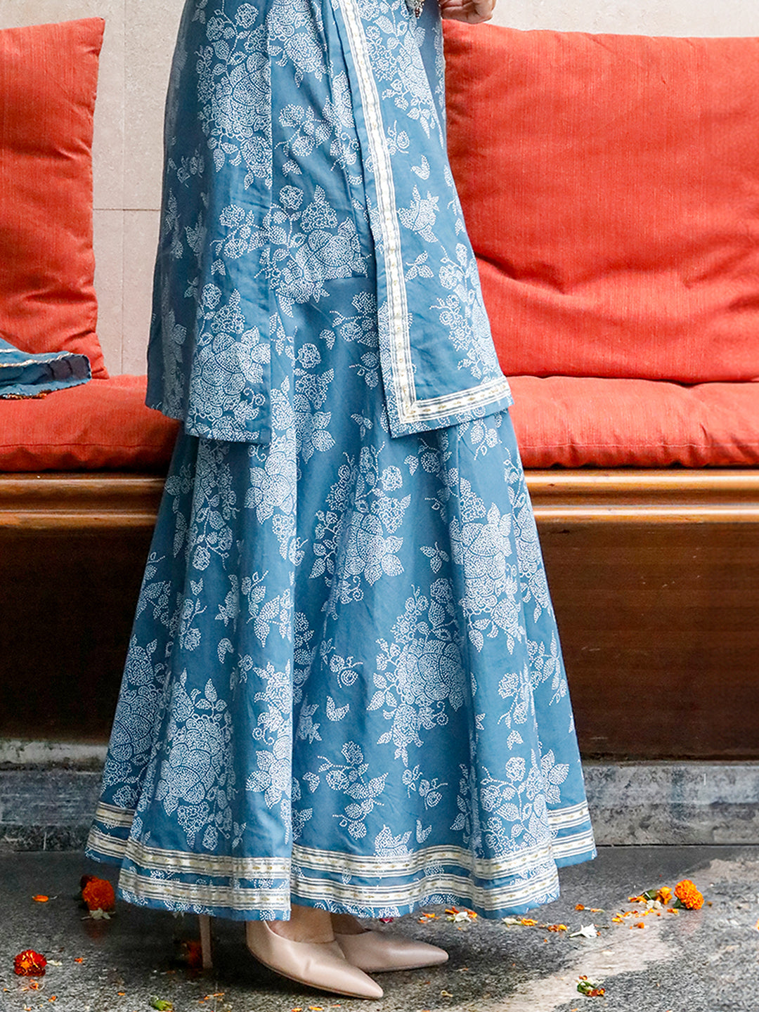 Mishri Blue Print With Gota Details Kurta With Sharara Pant