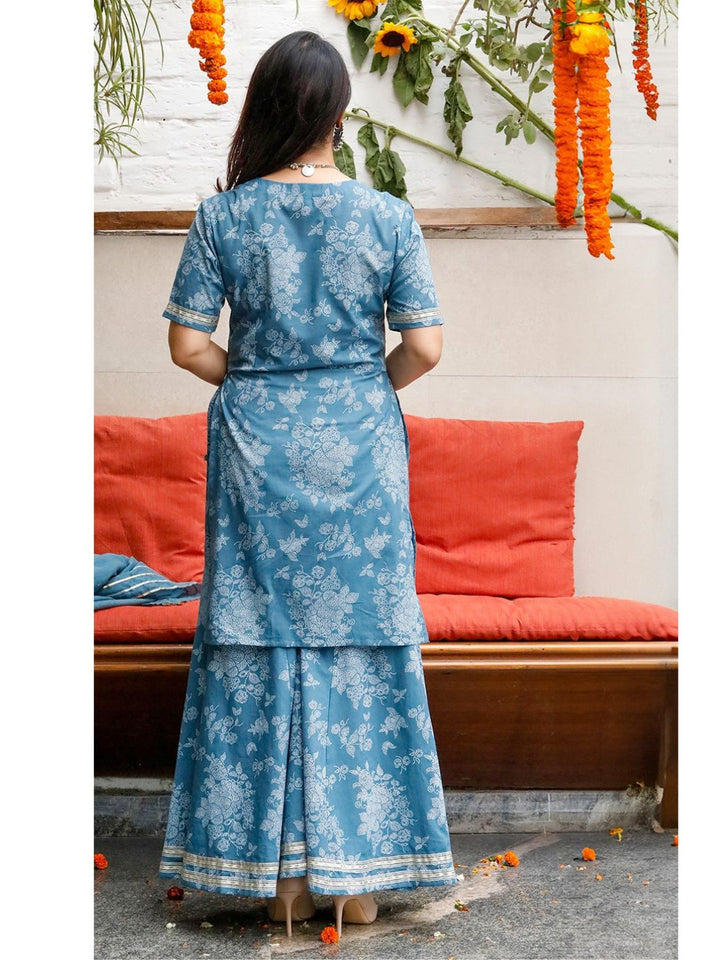 Mishri Blue Print With Gota Details Kurta With Sharara Pant