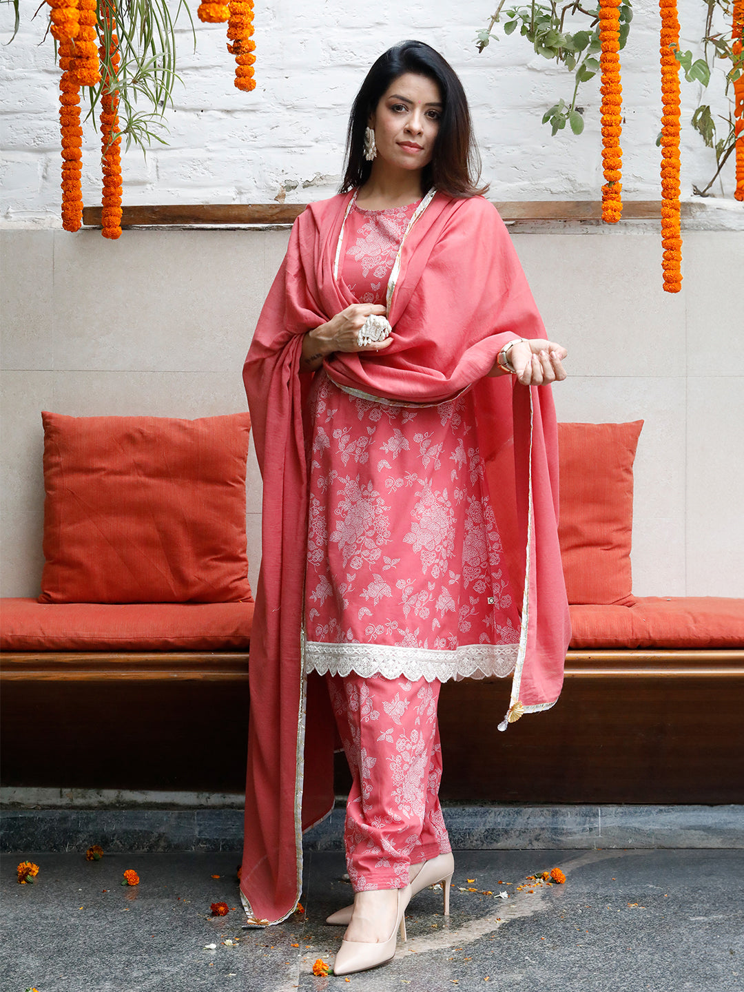Mishri Pink Cotton Lace Details Aline 3-Piece Kurta Set