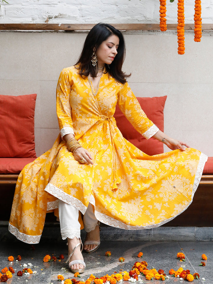 Mishri Yellow Angarkha With Lace Details Kurta With Pant