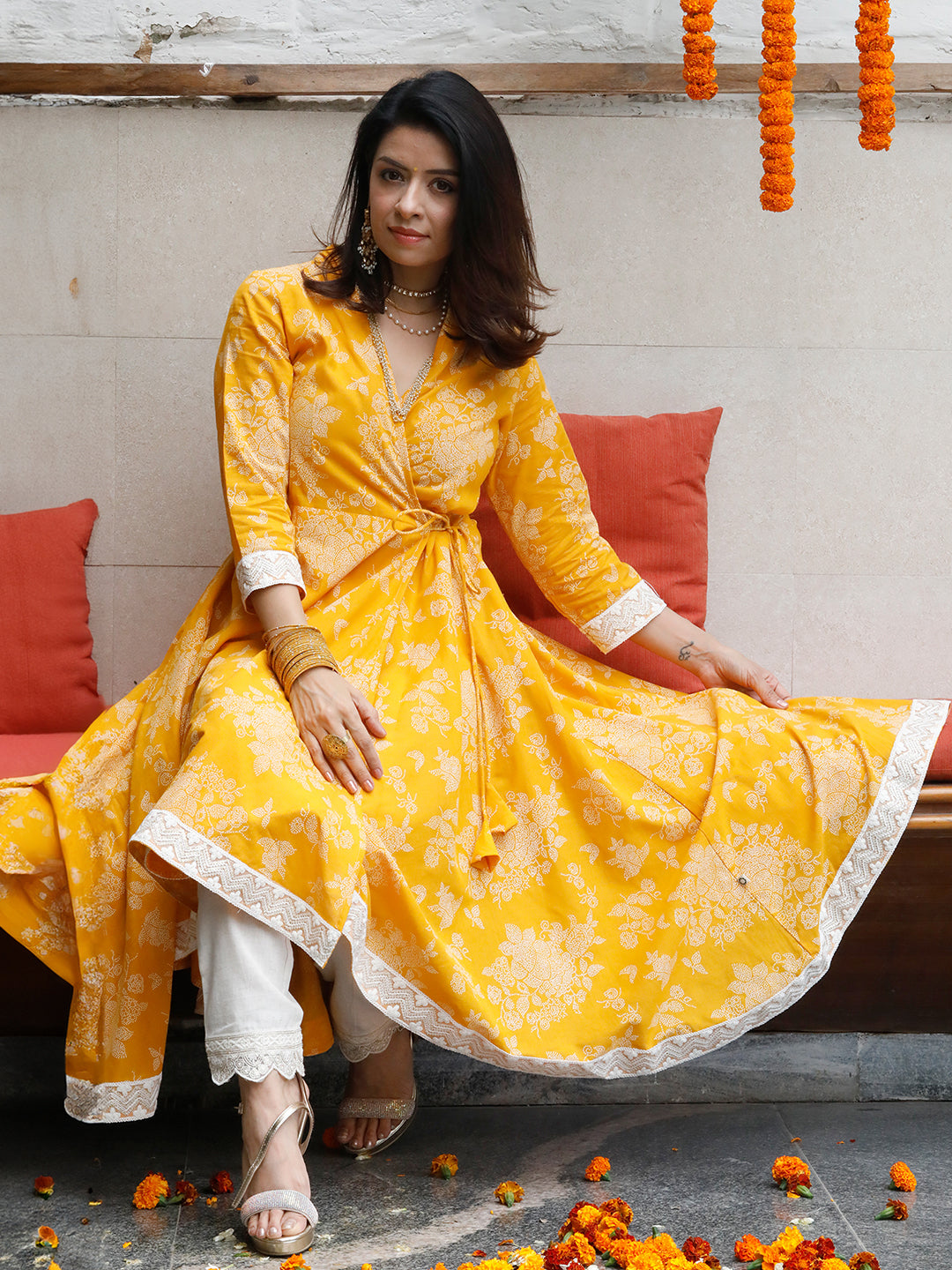 Mishri Yellow Angarkha With Lace Details Kurta With Pant