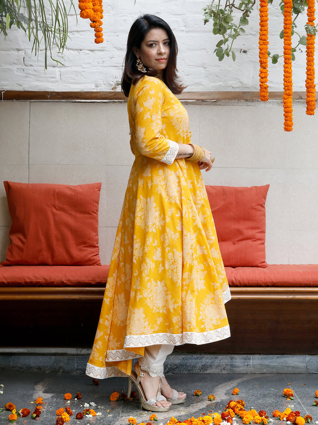 Mishri Yellow Angarkha With Lace Details Kurta With Pant