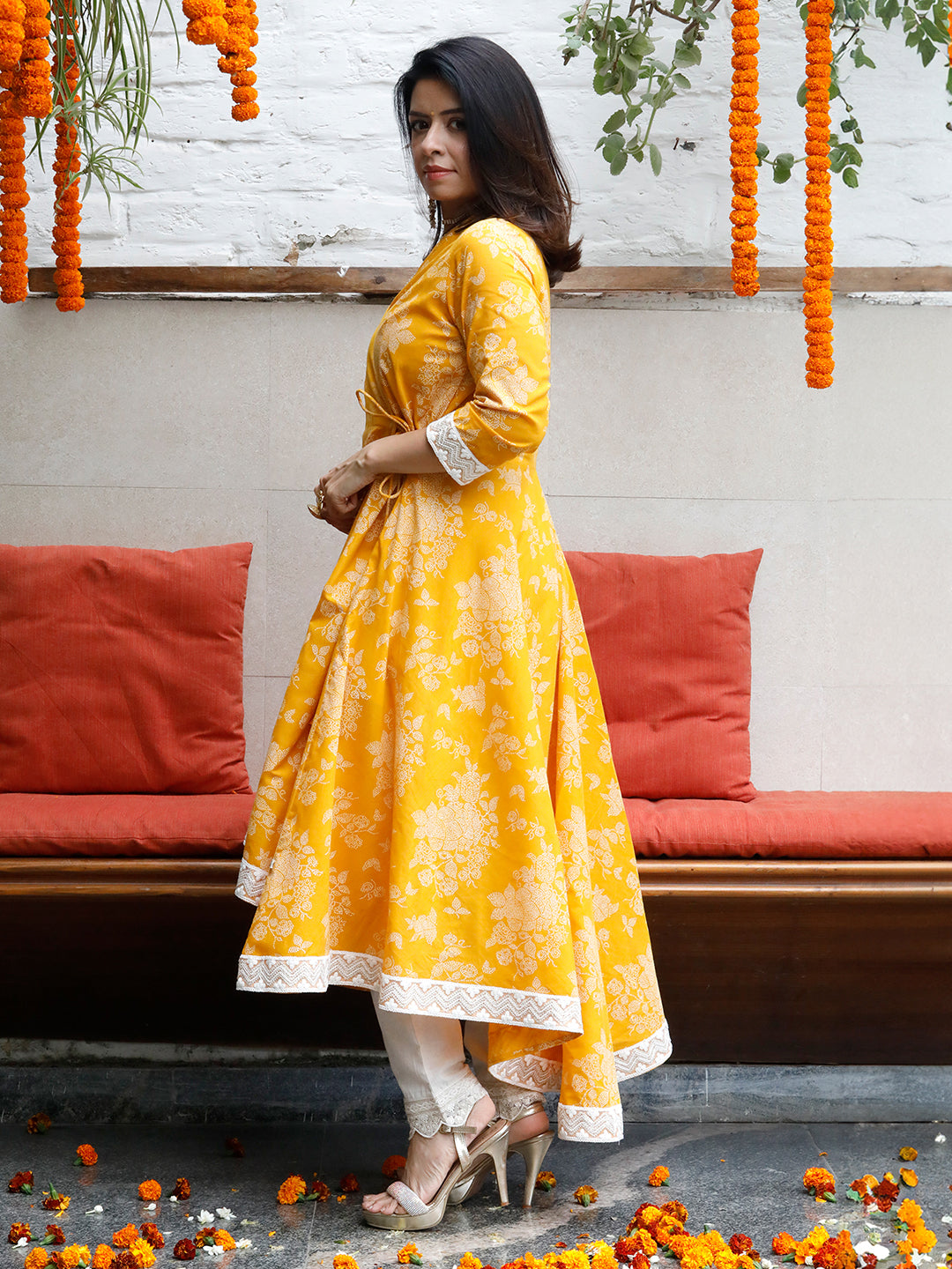 Mishri Yellow Angarkha With Lace Details Kurta With Pant