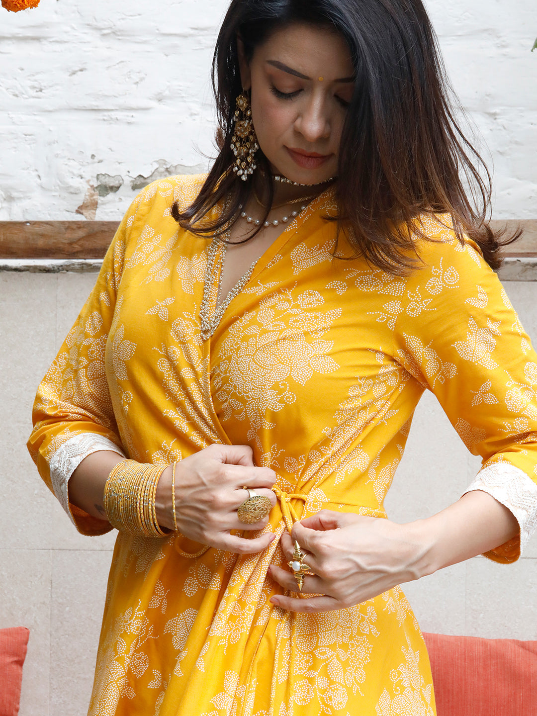 Mishri Yellow Angarkha With Lace Details Kurta With Pant