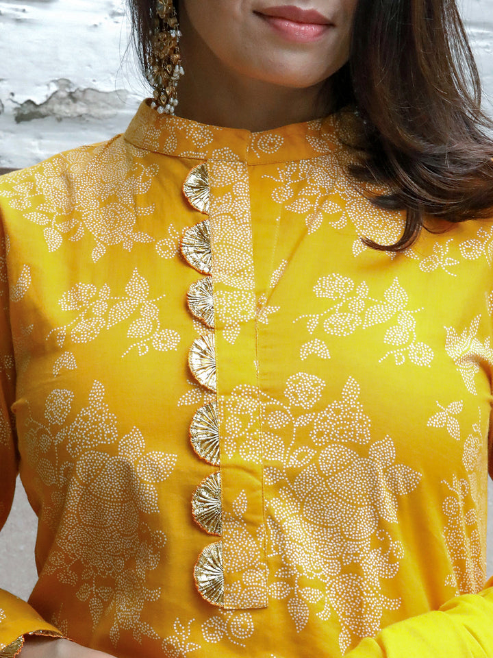 Mishri Yellow Khadi Print Kurta & Pant with Gota Details