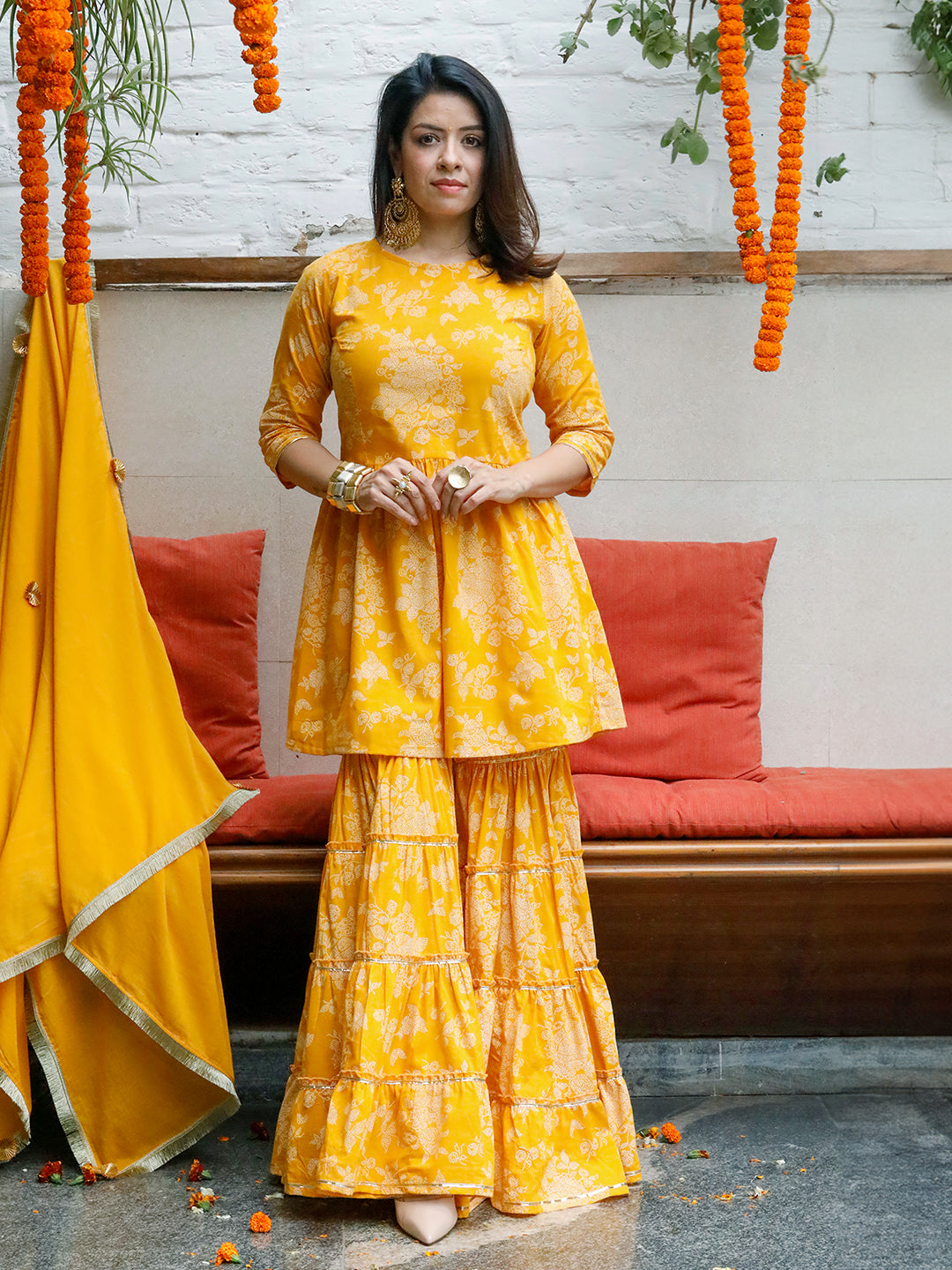 Mishri Yellow Print With Gota Details Kurta With Sharara Pant