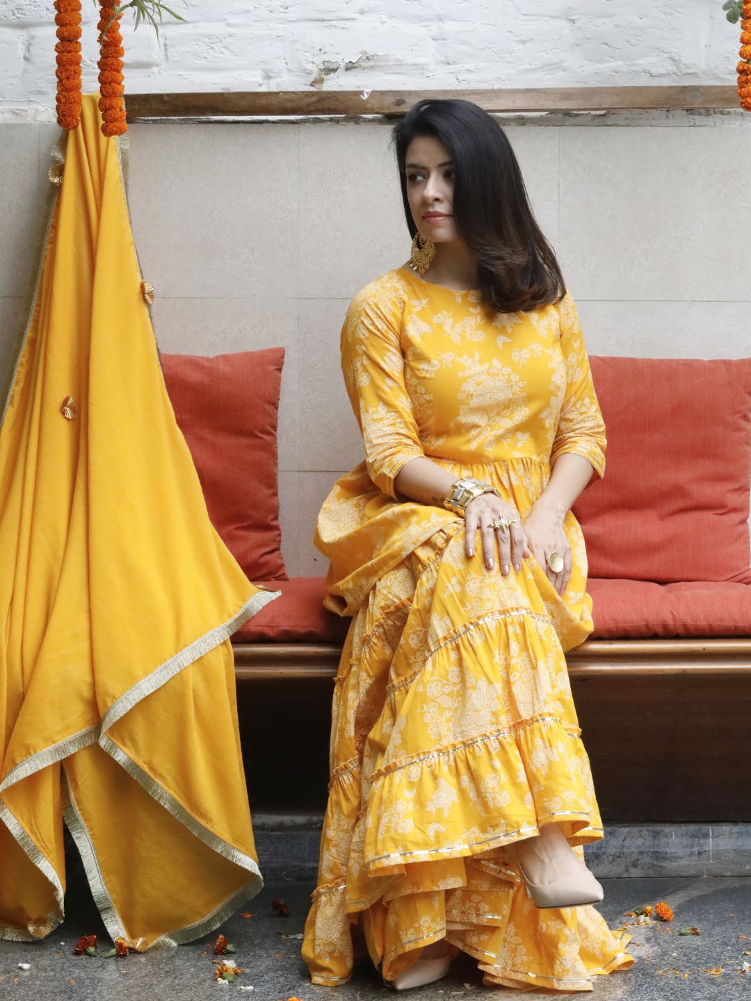 Mishri Yellow Print With Gota Details Kurta With Sharara Pant