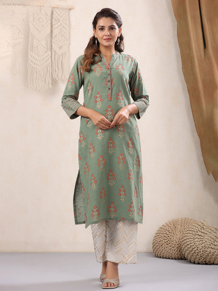 Moss-Green-Floral-Cotton-Kurta-Only