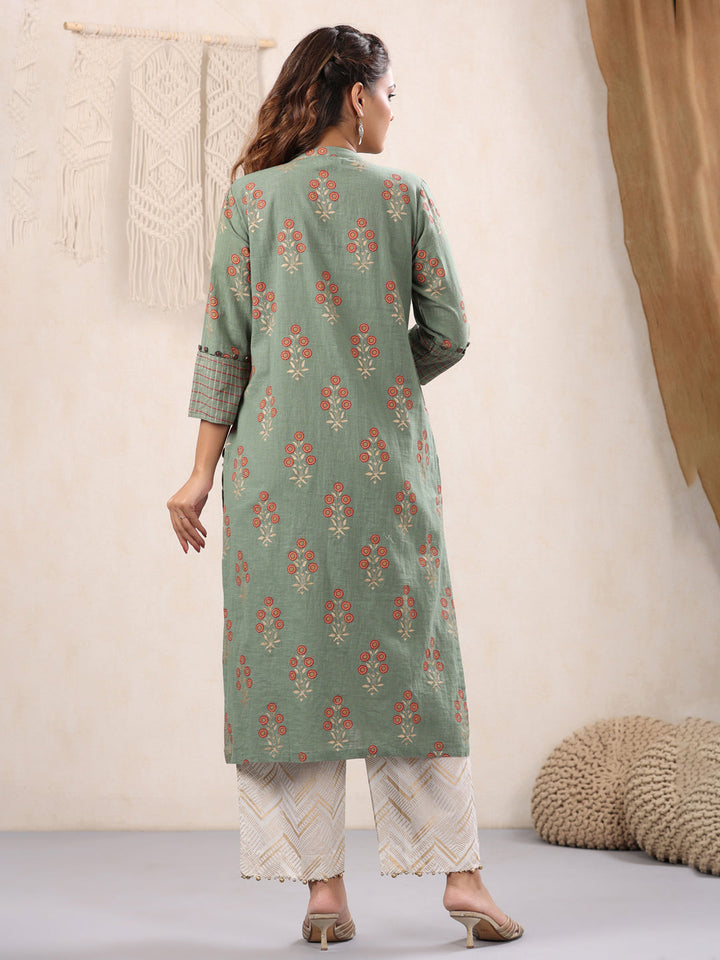 Moss-Green-Floral-Cotton-Kurta-Only