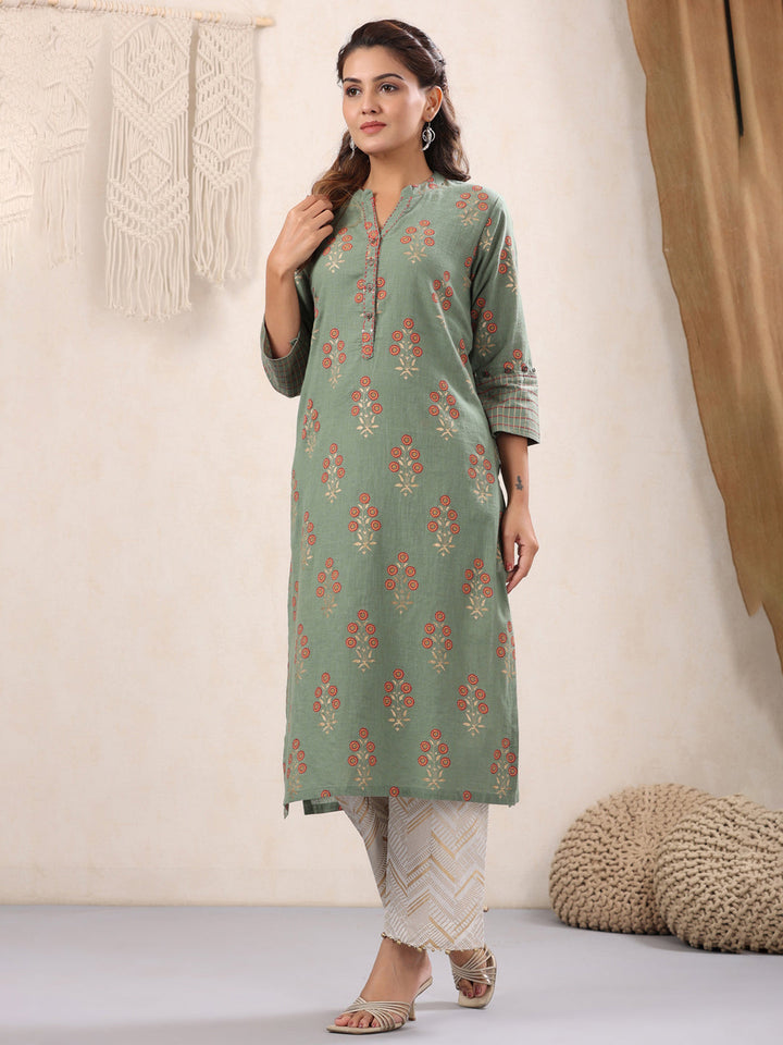 Moss-Green-Floral-Cotton-Kurta-Only