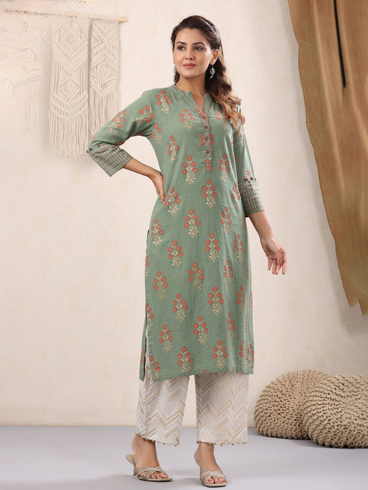 Moss-Green-Floral-Cotton-Kurta-Only