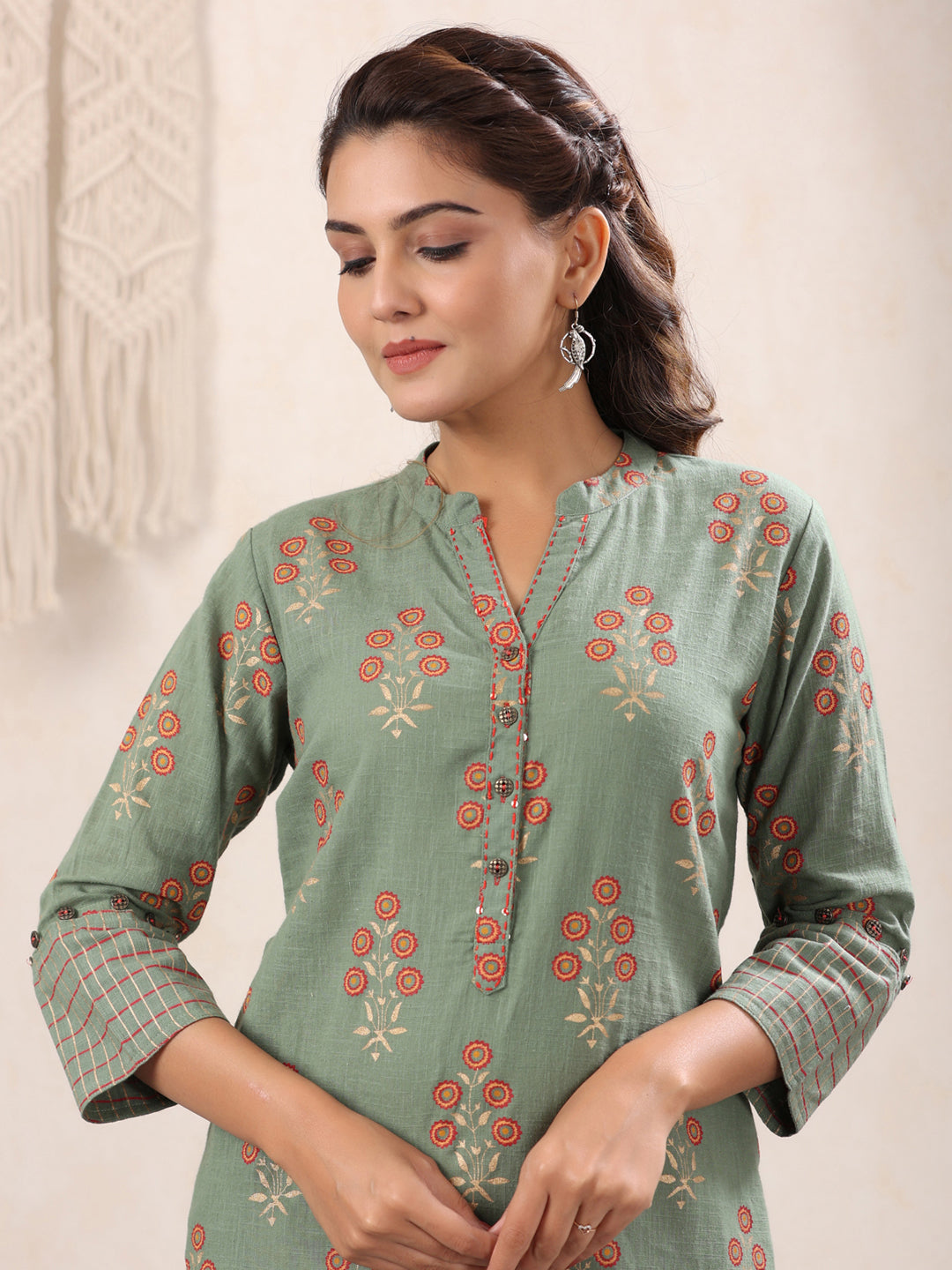 Moss-Green-Floral-Cotton-Kurta-Only