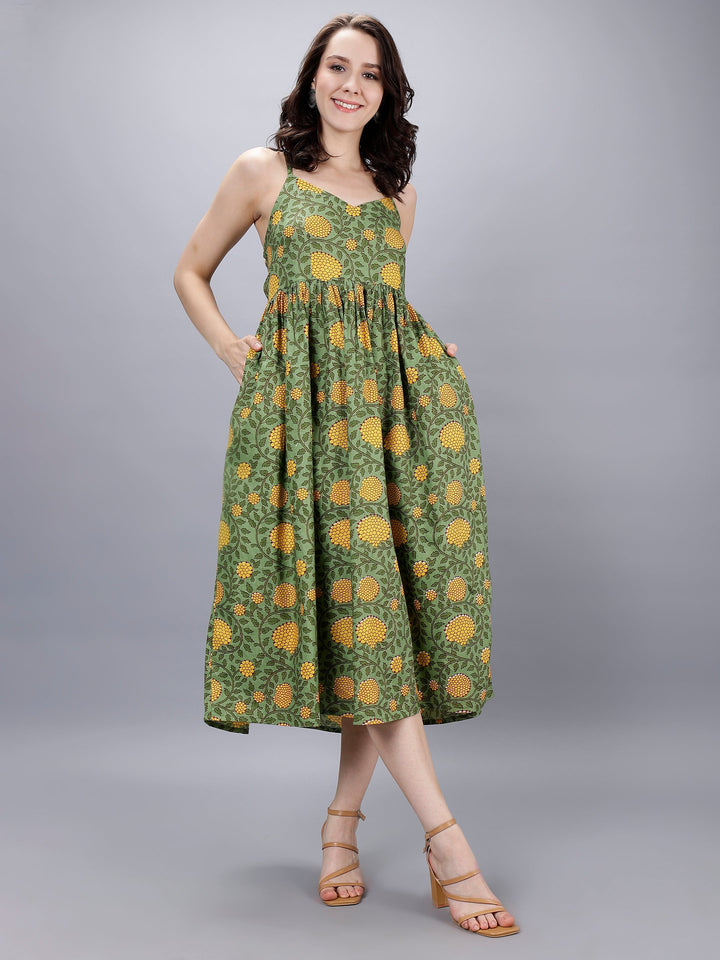 Moss Green & Yellow Cotton A-Line Strip Dress