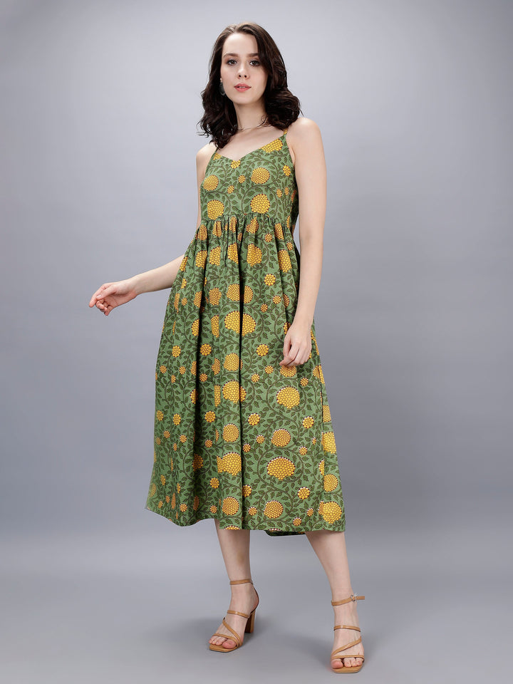 Moss Green & Yellow Cotton A-Line Strip Dress