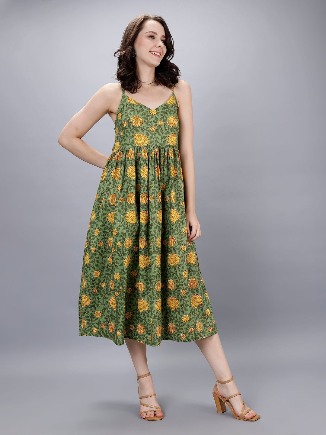 Moss Green & Yellow Cotton A-Line Strip Dress