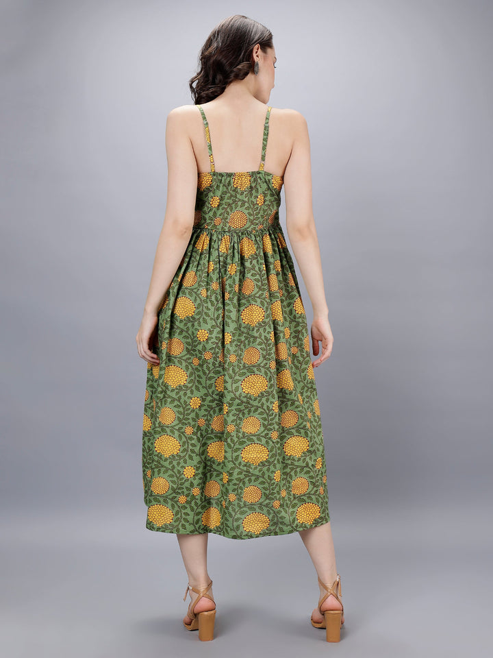 Moss Green & Yellow Cotton A-Line Strip Dress