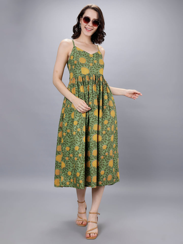 Moss Green & Yellow Cotton A-Line Strip Dress