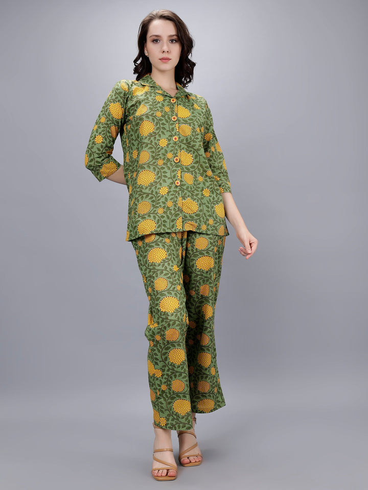 Moss Green & Yellow Cotton Co-Ord Set with Pockets