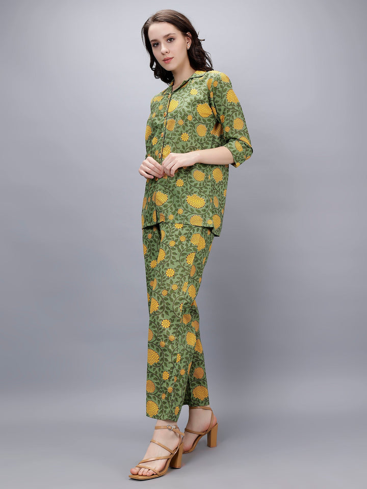 Moss Green & Yellow Cotton Co-Ord Set with Pockets