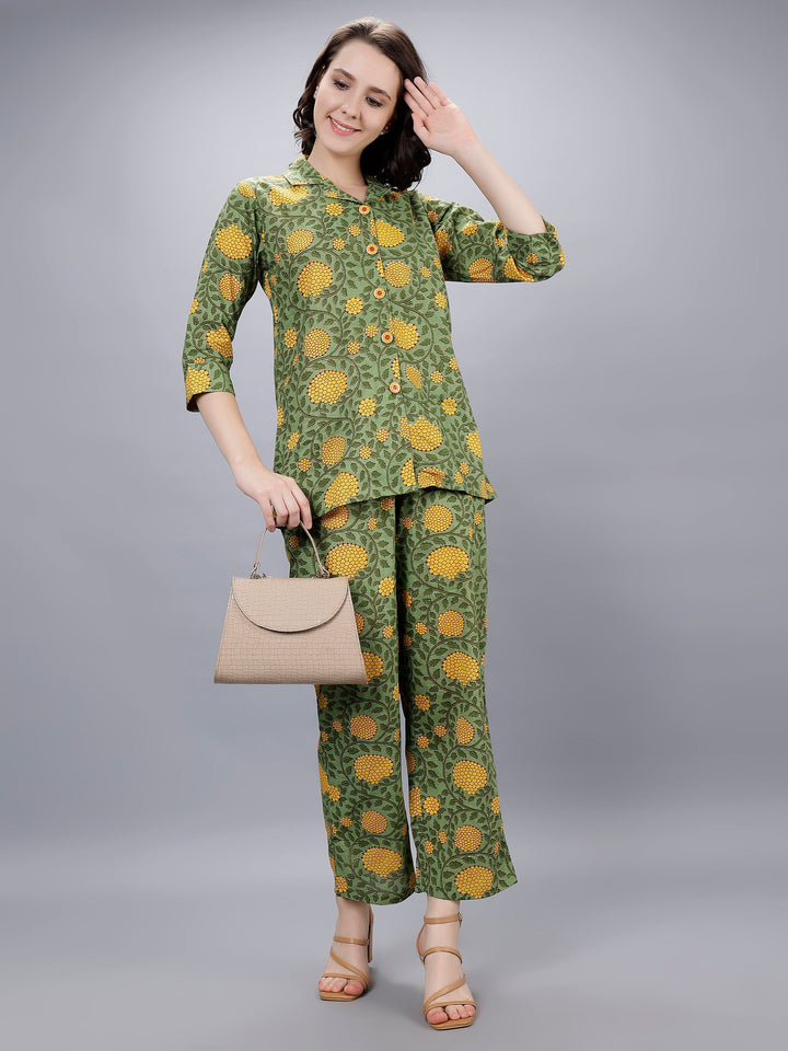 Moss Green & Yellow Cotton Co-Ord Set with Pockets