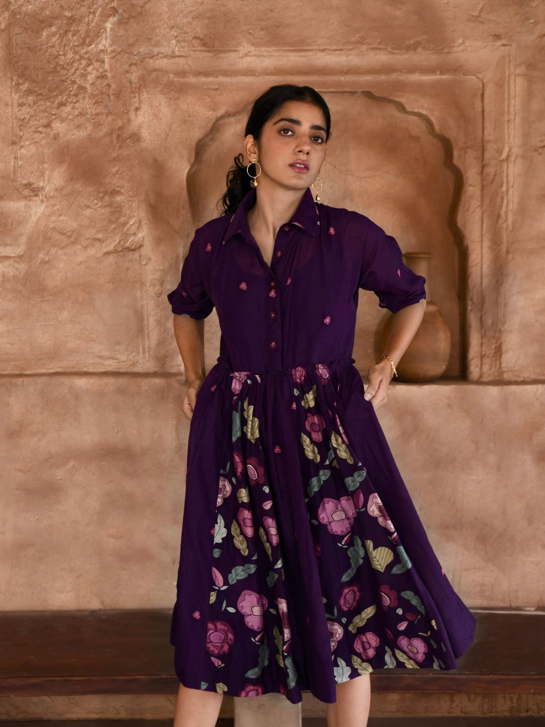 Mulberry Purple Silky Shirt Dress with Slip