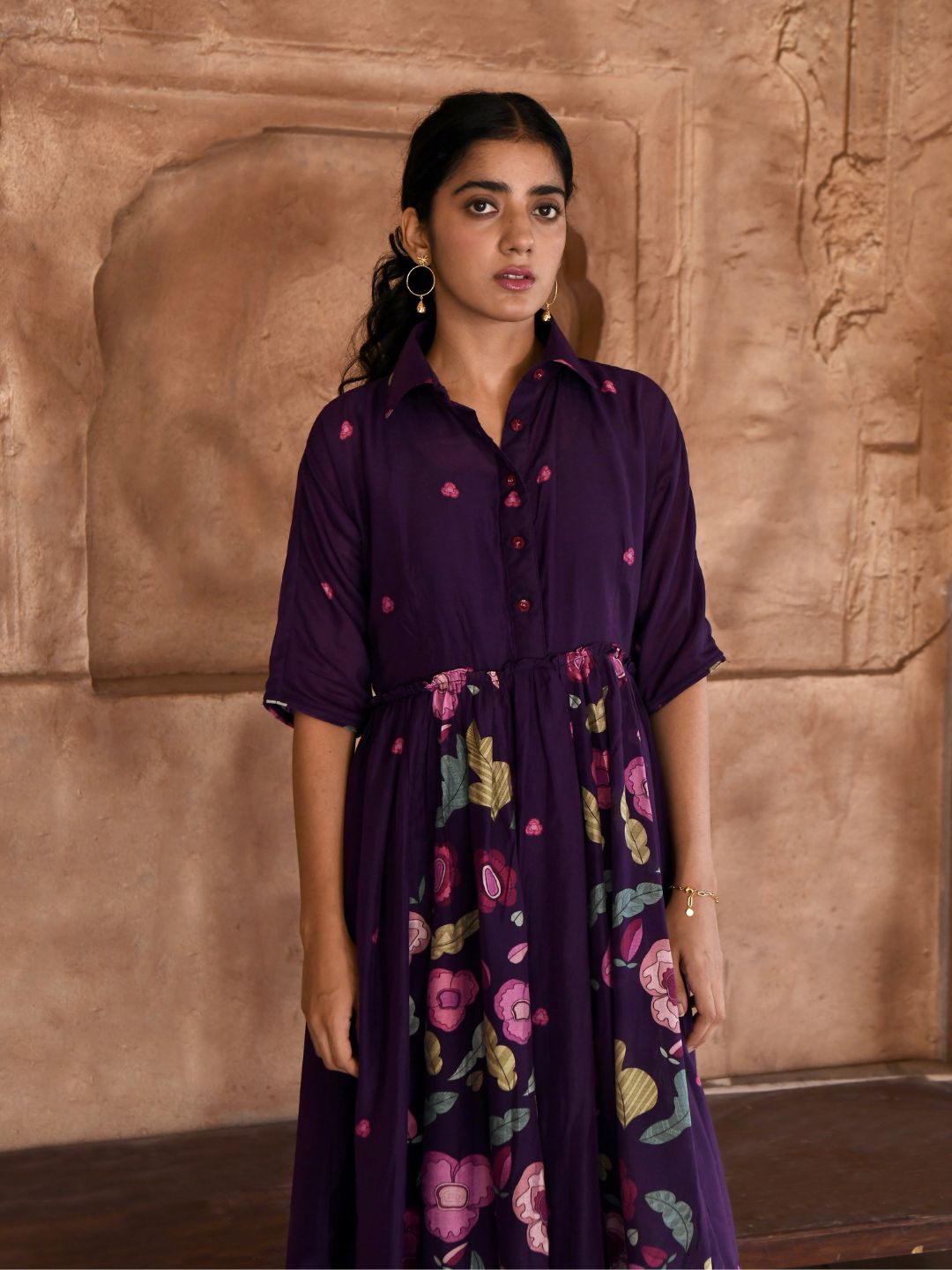 Mulberry Purple Silky Shirt Dress with Slip