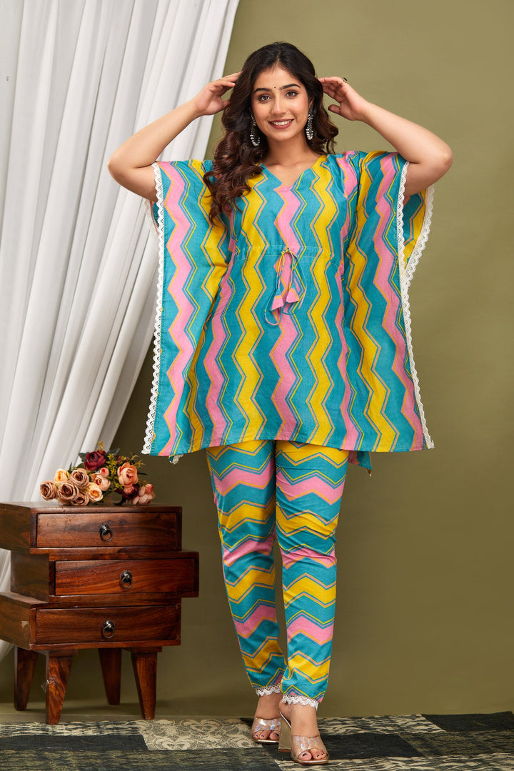 Multi Cotton Laced Kaftan Set