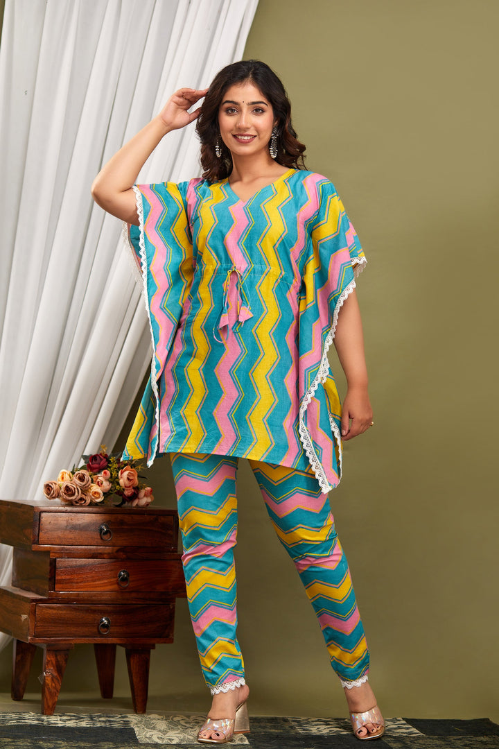 Multi Cotton Laced Kaftan Set