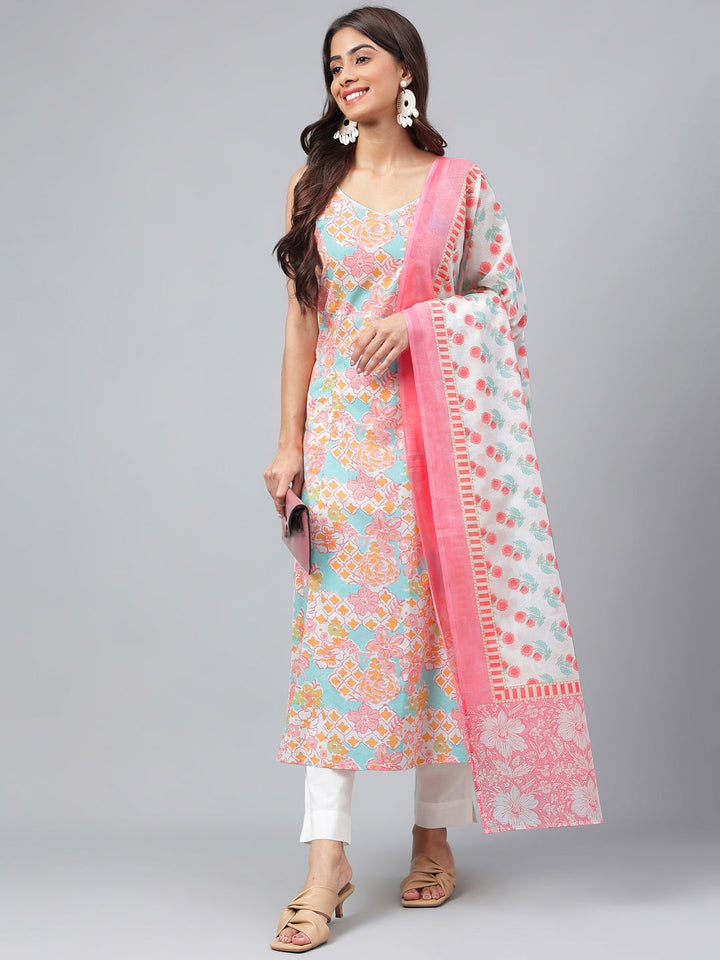 Multicolored Cotton Floral Printed Party Wear Kurta Set