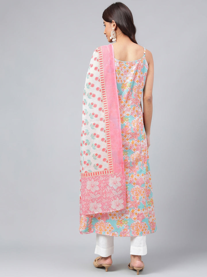 Multicolored Cotton Floral Printed Party Wear Kurta Set