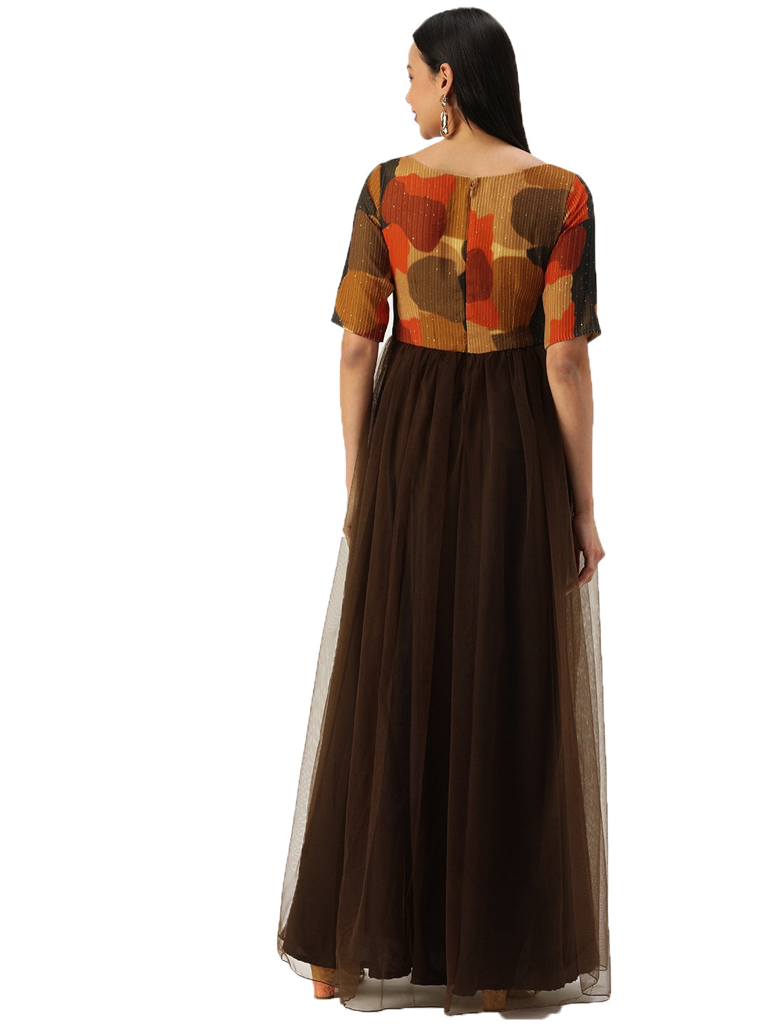 Multicolored-Embroidered-&-Brown-Net-Gown