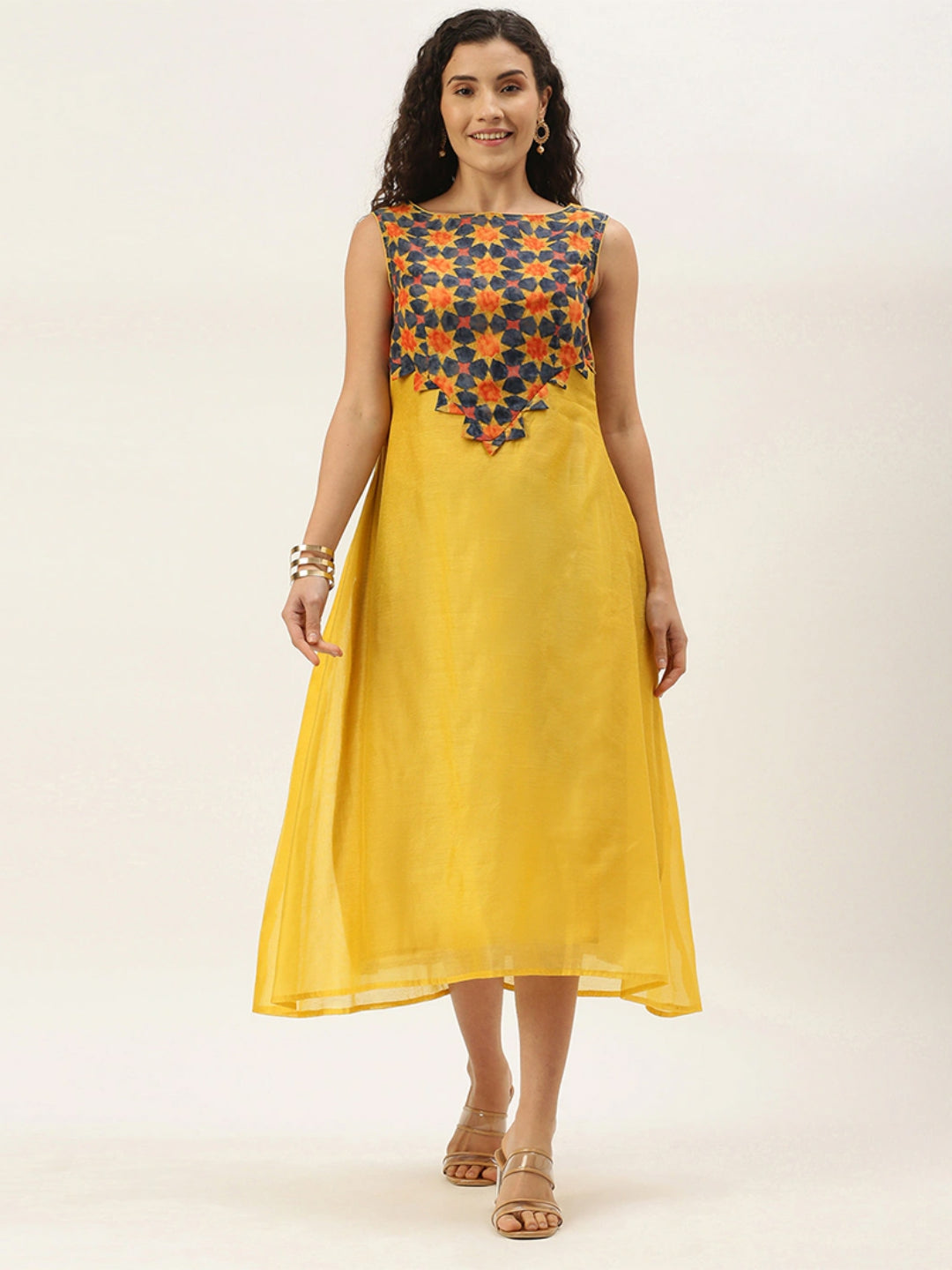 Multicolored-Printed-Calf-Length-Dress