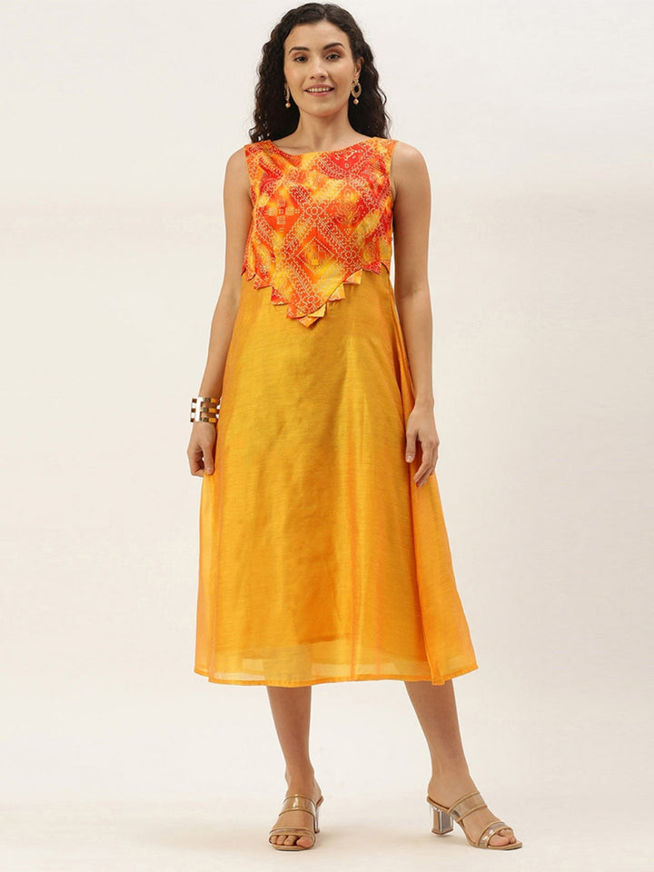Multicolored-Printed-Calf-Length-Dress