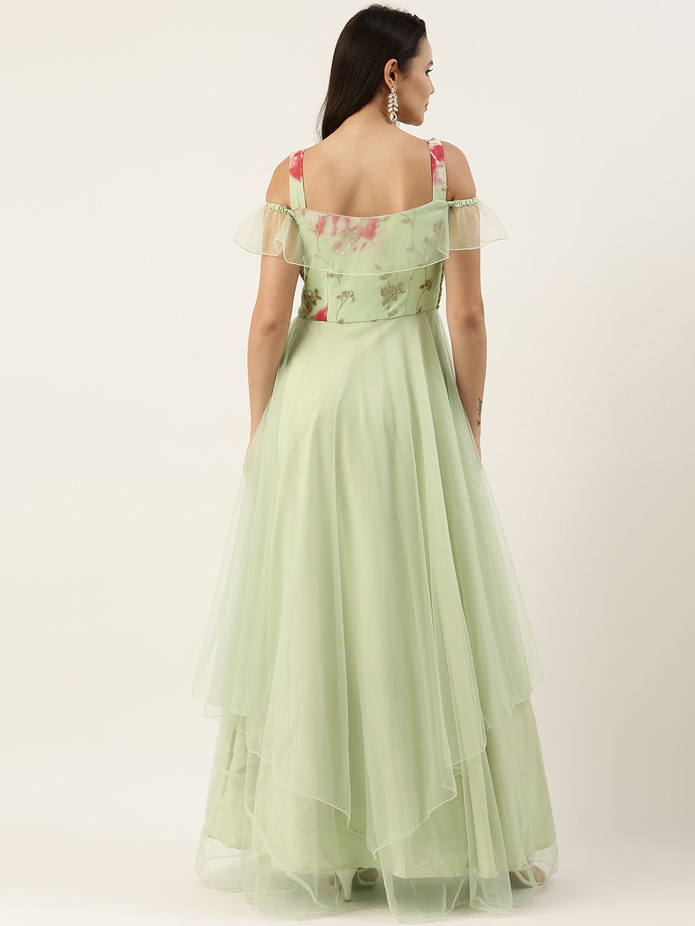 Multicolored-Viscose-&-Green-Net-Layered-Gown