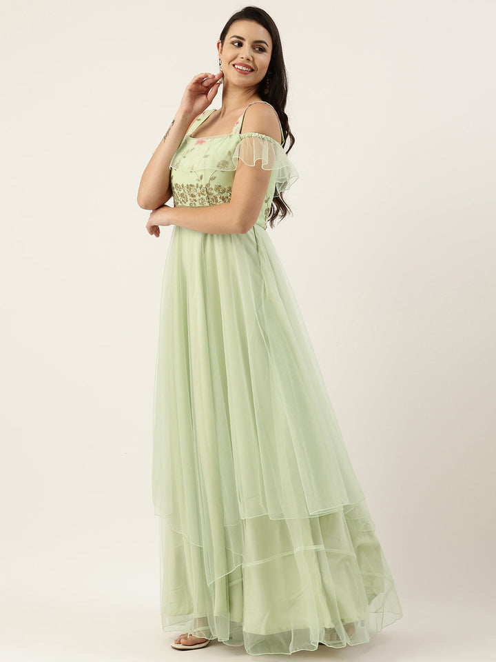 Multicolored-Viscose-&-Green-Net-Layered-Gown