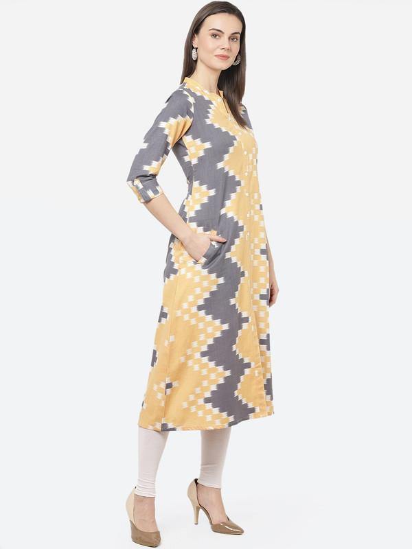 Mustard And Grey Printed A-Line Kurta