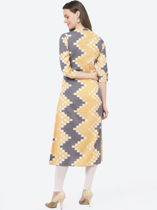Mustard And Grey Printed A-Line Kurta