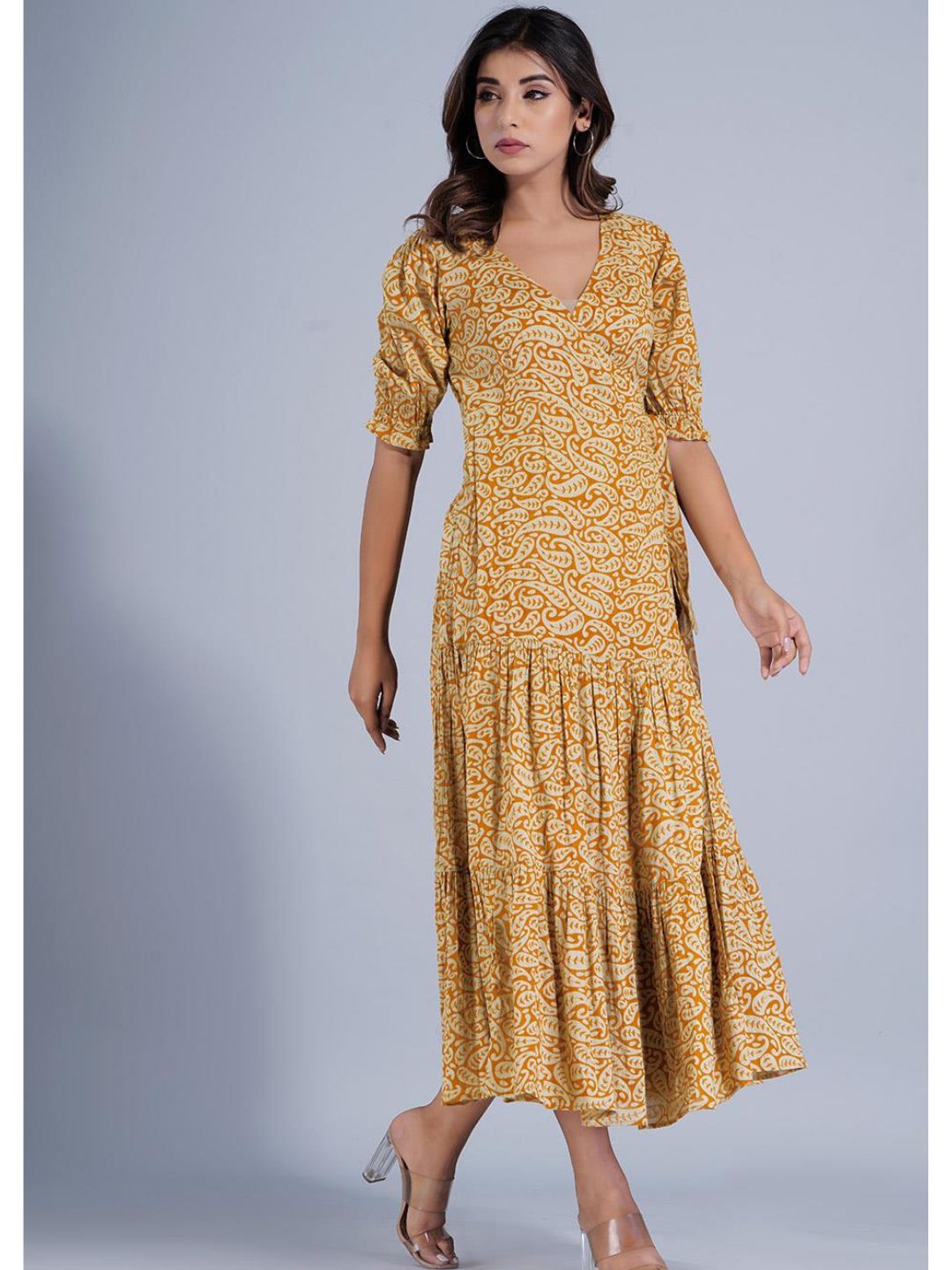 Mustard Angrakha Wrap Dress with Two Tiers