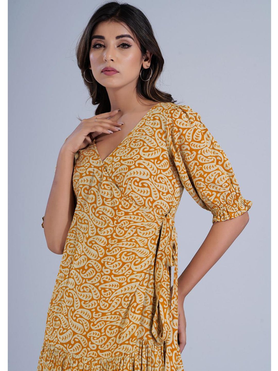 Mustard Angrakha Wrap Dress with Two Tiers