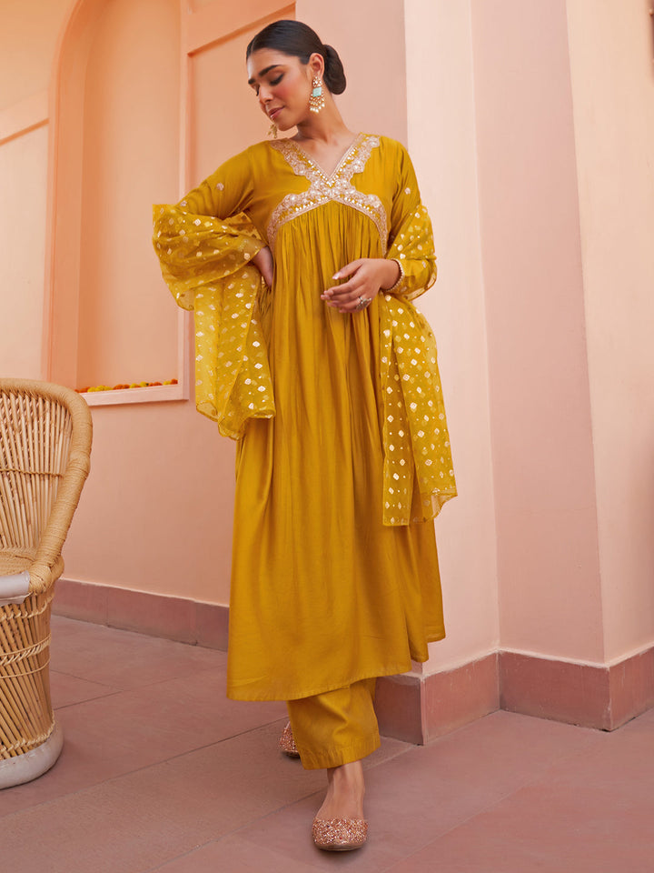 Mustard Chanderi Embellished Gathered Kurta Set