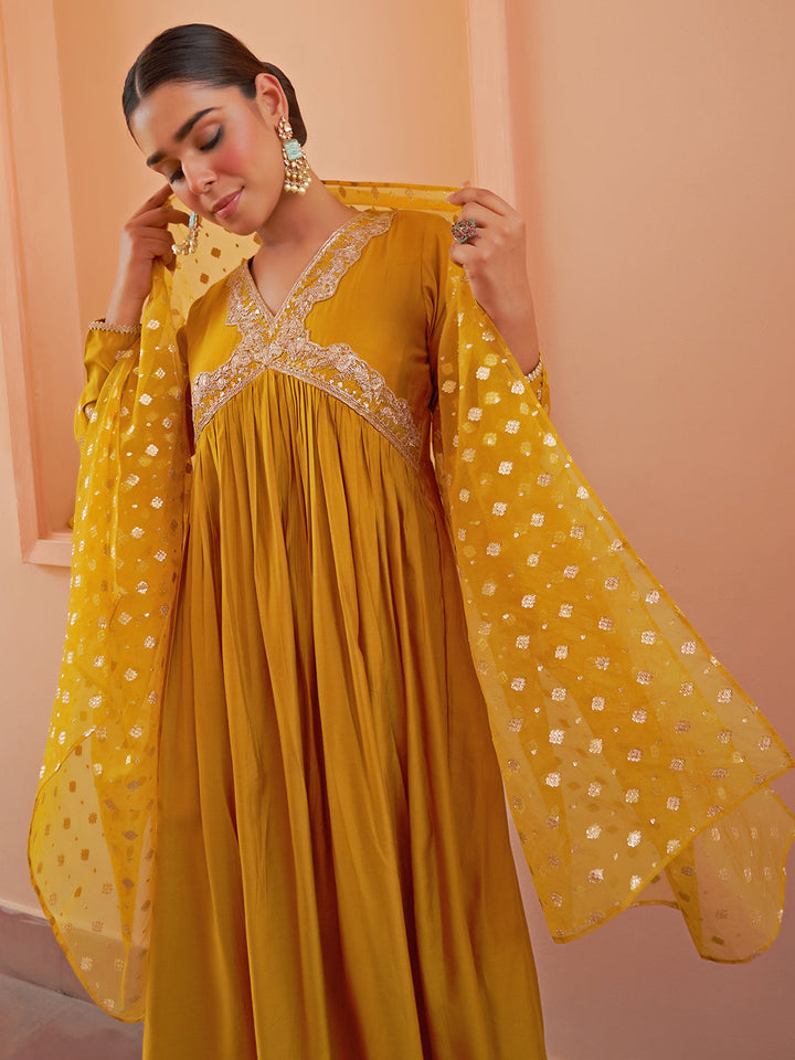 Mustard Chanderi Embellished Gathered Kurta Set