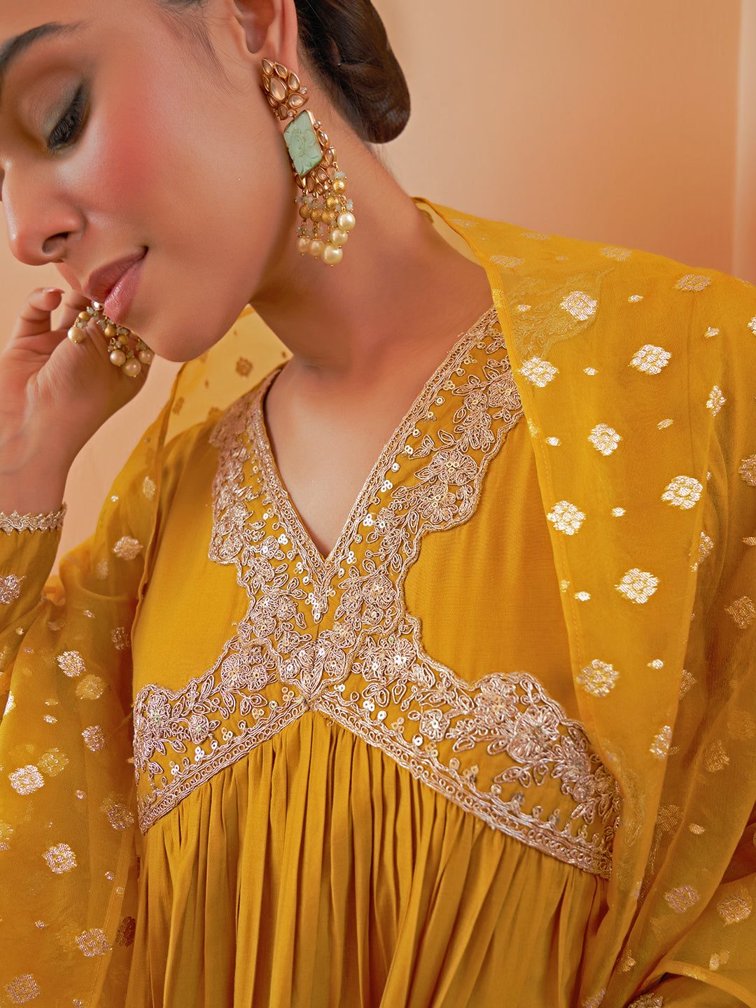 Mustard Chanderi Embellished Gathered Kurta Set