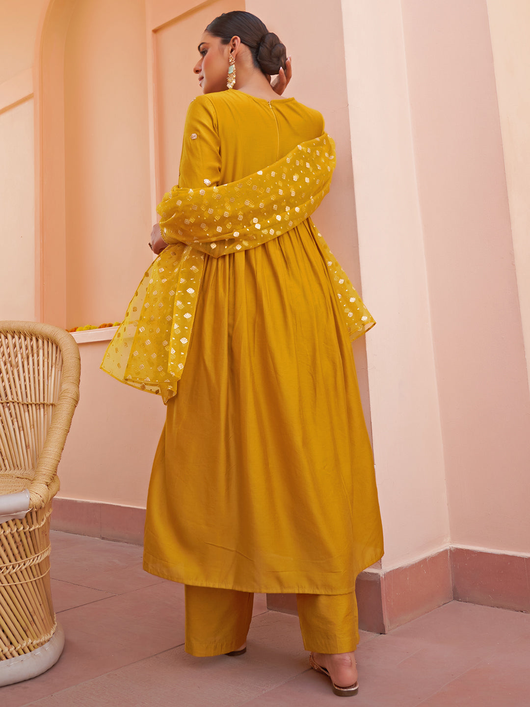 Mustard Chanderi Embellished Gathered Kurta Set