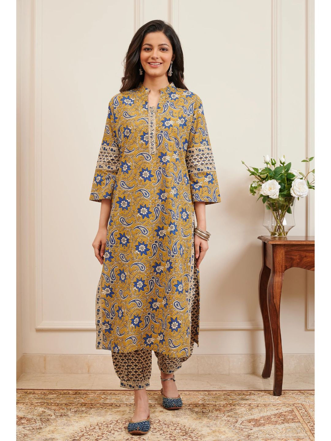 Mustard Cotton Bagru Hand Block Printed Kurta