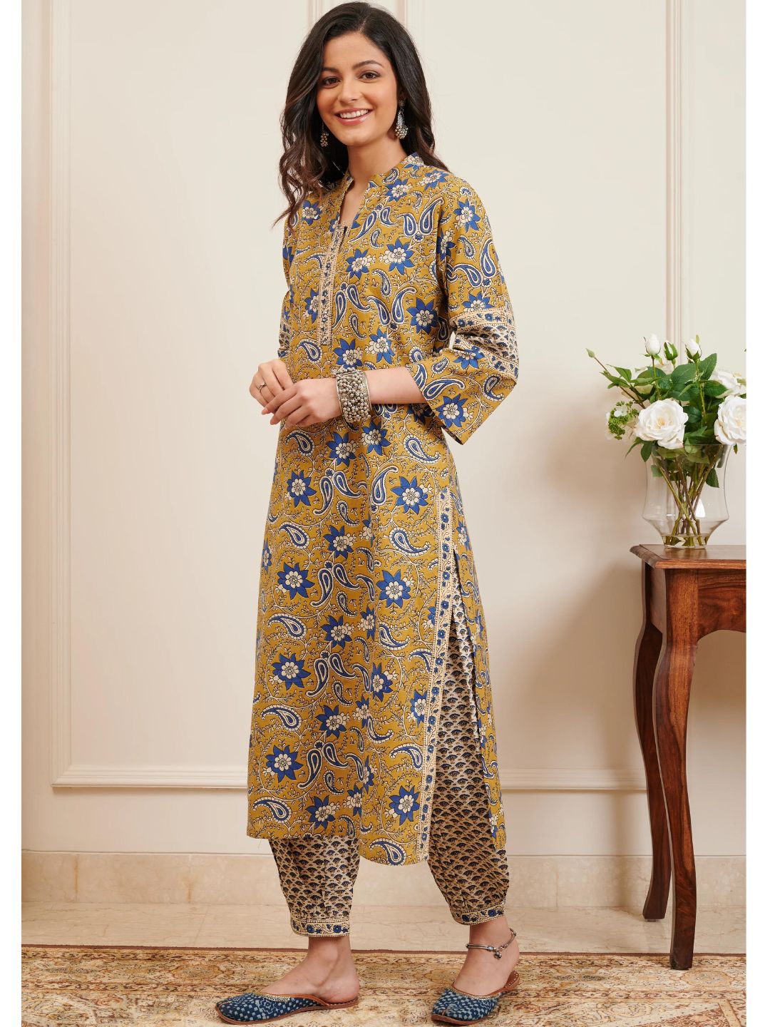 Mustard Cotton Bagru Hand Block Printed Kurta