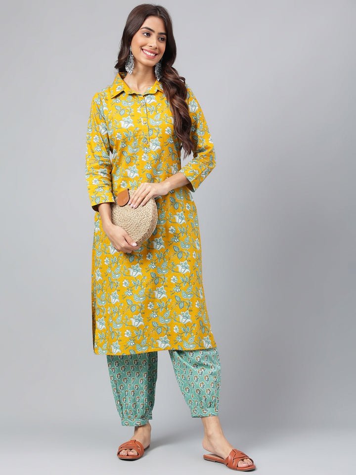 Mustard & Blue Cotton Cambric Floral Printed Kurta Set